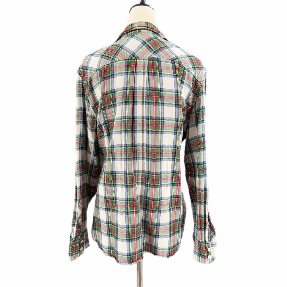 J. Crew Cotton Ivory Blue Green Plaid Plus Tartan Button Down Collared Top